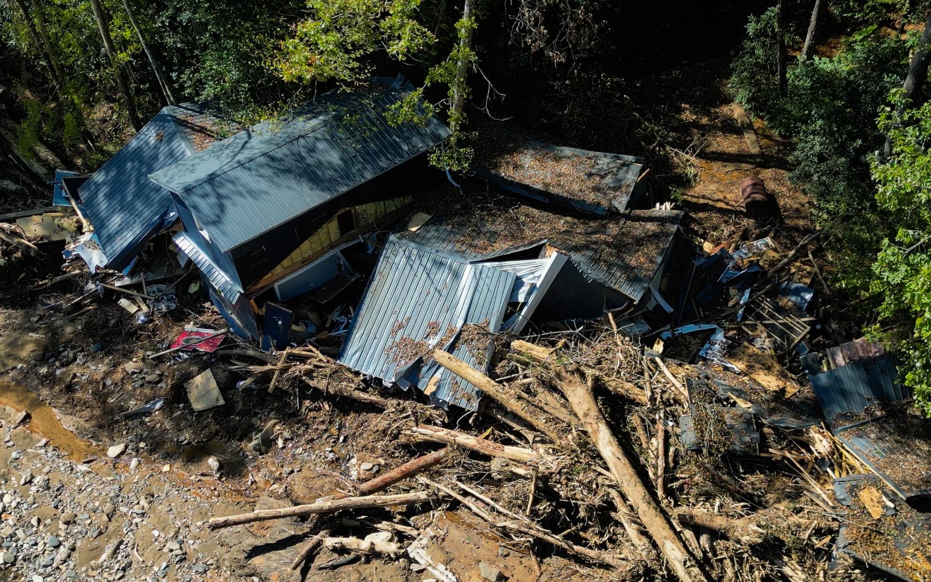 Aerial view of a North Carolina home destroyed by Hurricane Helene floodwaters