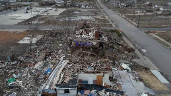 Aerial view of tornado devastation in Mayfield, Kentucky
